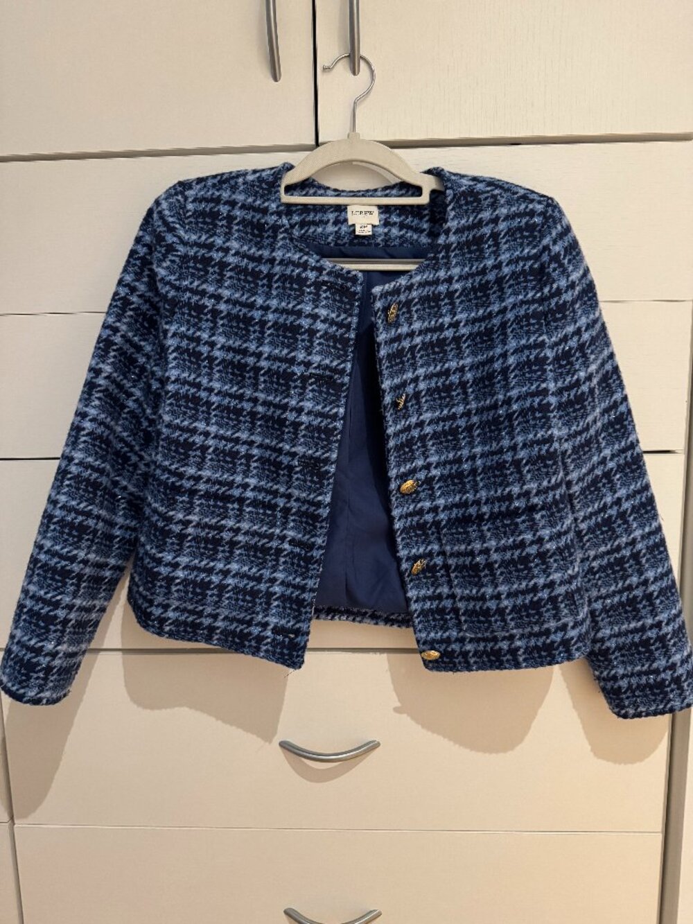 J.Crew Factory Petite Blue Houndstooth Tweed Lady Jacket Gold Buttons 2P